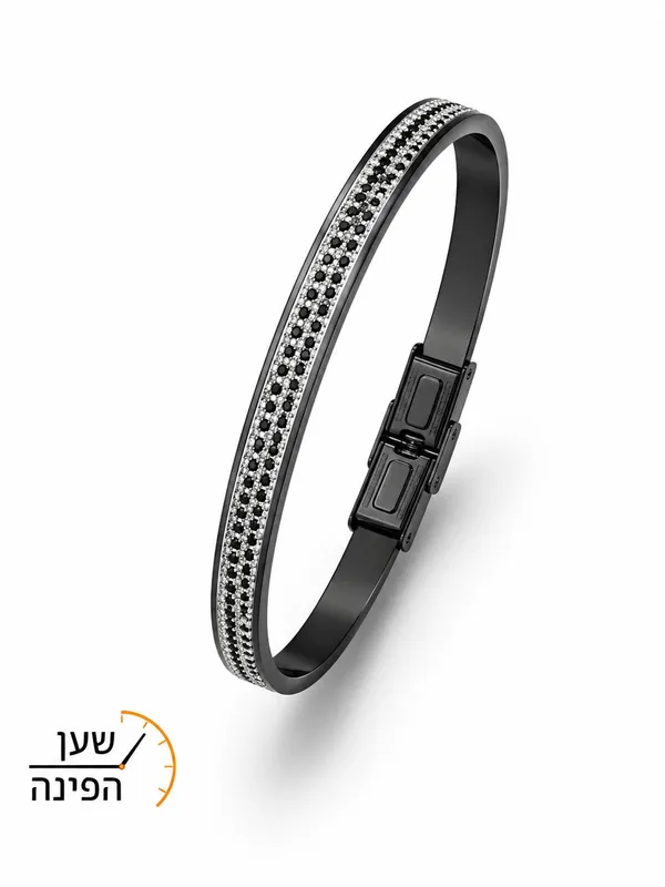 צמיד לגבר אלגנטי בגוון שחור עם שיבוץ אבנים שחורות וכסופות