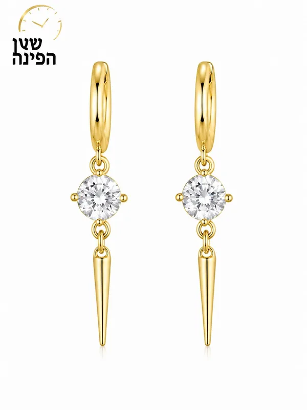 עגילי זהב יוקרתיים בשילוב אבן זירקון נוצצת ותליון מחודד