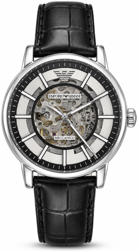 שעון Emporio Armani לגבר דגם AR1981 – אוטומטי Skeleton עם רצועת עור שחורה