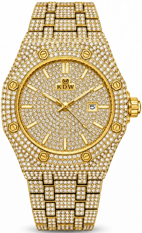 שעון KDW לגבר בצבע זהב משובץ אבנים בסגנון Iced Out