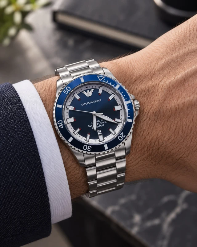 שעון Emporio Armani לגבר דגם AR60079 Sea Explorer Automatic כסף לוח כחו