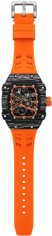 שעון RM לגבר בעיצוב Skeleton שחור-כתום עם רצועת סיליקון כתומה
