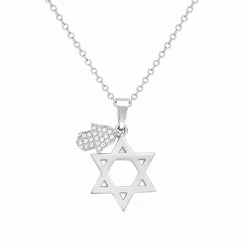 שרשרת לאישה בצבע כסף עם תליון מגן דוד בשילוב חמסה