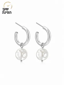 עגילי חישוק כסף עם תליון פנינה