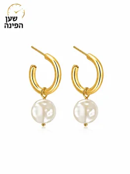 עגילי חישוק זהב עם תליון פנינה