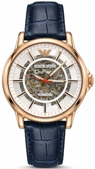 שעון Emporio Armani לגבר דגם AR60009 – אוטומטי Skeleton רוז גולד עם רצועת עור כחולה