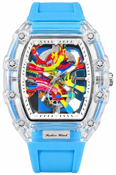 שעון Fashion Watch בעיצוב שקוף עם רצועה כחולה ולוח צבעוני בסגנון Skeleton