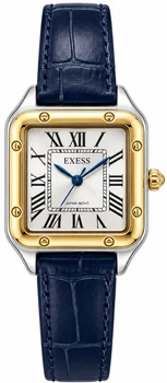 שעון EXESS מלבני דו־גוני כסף וזהב עם רצועה כחול כהה