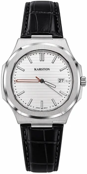 שעון KARSTON כסוף עם לוח לבן ורצועת עור שחורה